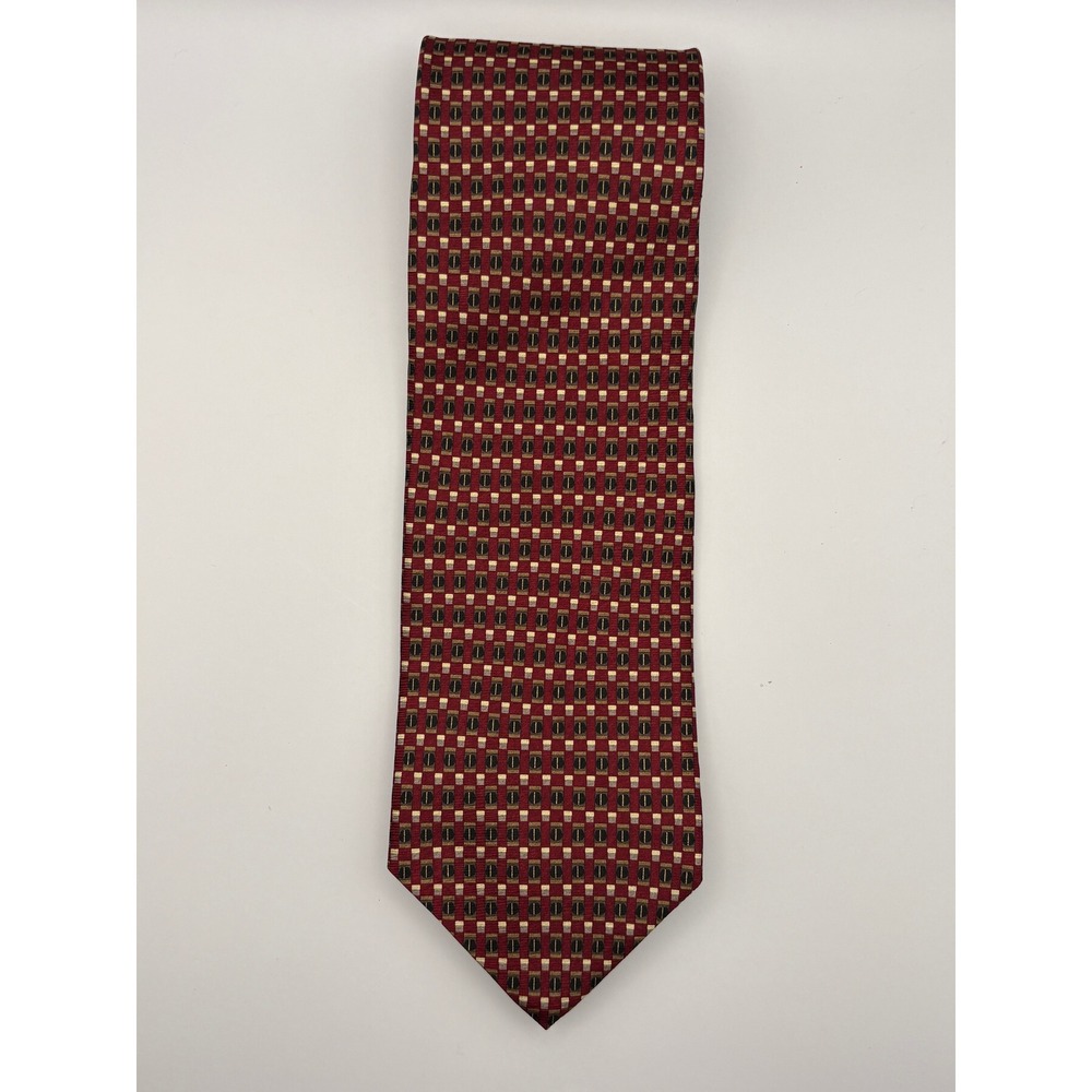 Louis Feraud Paris Men Silk Necktie Red Gold Black Geometric Pattern Designer